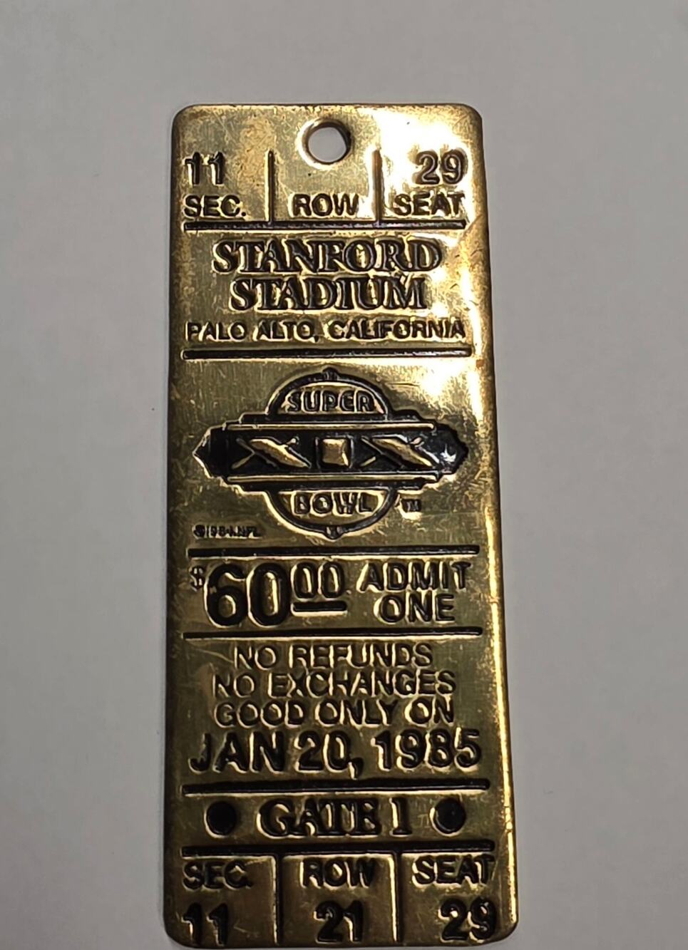 1985 Super Bowl XIX Stanford Stadium Brass Ticket Tag 49ers Dolphins